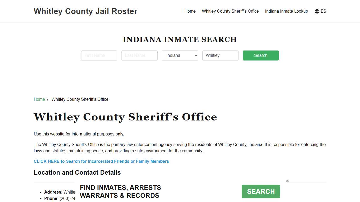 Whitley County Sheriff Office, IN, Arrest Warrants Search